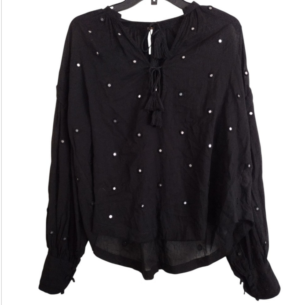 Free People Black Embellished Mirror Sequin Top Size XS